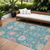 8' X 10' Teal Blue Pink And Ivory Floral Washable Indoor Outdoor Area Rug