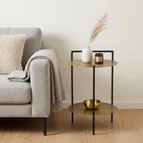 22" Antiqued Brass and Black Iron Round End Table With Shelf