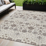 5' X 8' Ivory Brown And Gray Floral Washable Indoor Outdoor Area Rug