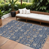 8' X 10' Navy Blue Brown And Beige Floral Washable Indoor Outdoor Area Rug