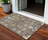 3' X 5' Brown Beige And Green Floral Washable Indoor Outdoor Area Rug