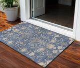3' X 5' Blue Brown And Beige Floral Washable Indoor Outdoor Area Rug