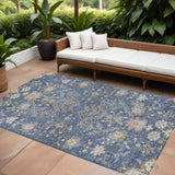 8' X 10' Blue Brown And Beige Floral Washable Indoor Outdoor Area Rug