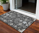 3' X 5' Charcoal Gray And Beige Floral Washable Indoor Outdoor Area Rug