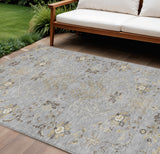 8' X 10' Gray Beige And Ivory Floral Washable Indoor Outdoor Area Rug