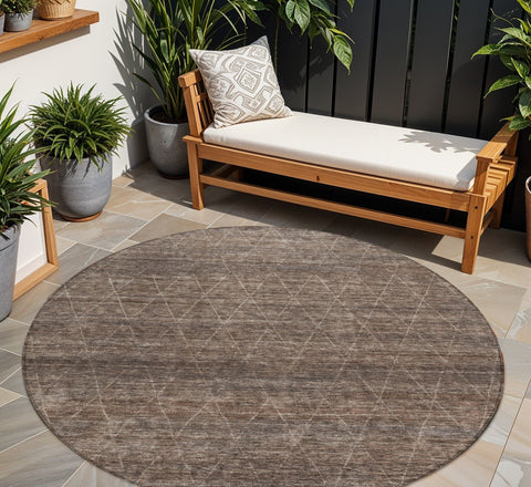 8' Coffee And Ivory Round Geometric Washable Indoor Outdoor Area Rug