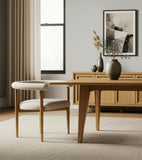 Beige and Brown Upholstered Cushion And Solid Wood Open Back Dining Arm Chair