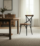 Set of Two Light Brown and Black Solid Wood Cross Back Dining Side Chairs