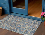 3' X 5' Denim Blue Beige And Brown Floral Washable Indoor Outdoor Area Rug