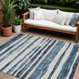 8' X 10' Denim Blue And Gray Striped Washable Indoor Outdoor Area Rug