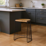 26" Natural And Black Solid Wood And Iron Backless Counter Height Bar Chair