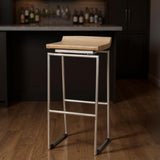 31" Natural And Silver Solid Wood And Iron Low Back Bar Height Bar Chair