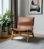 32" Brown and Natural Genuine Leather and Solid Wood Slipper Chair