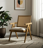 22" Beige and Natural Linen and Solid Wood Arm Chair
