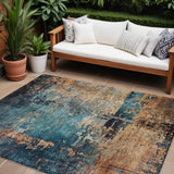 8' X 10' Teal Blue Black And Copper Abstract Washable Indoor Outdoor Area Rug