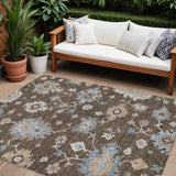 8' X 10' Chocolate Beige And Blue Floral Washable Indoor Outdoor Area Rug