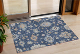 3' X 5' Navy Blue Beige And Gray Floral Washable Indoor Outdoor Area Rug