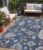 5' X 8' Navy Blue Beige And Gray Floral Washable Indoor Outdoor Area Rug