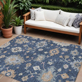 8' X 10' Navy Blue Beige And Gray Floral Washable Indoor Outdoor Area Rug