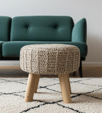 19" Taupe and Brown Wool Round Footstool
