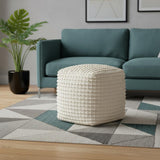 16" Beige and Cream Wool Striped Cube Pouf Ottoman
