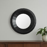 30" Black Solid Wood Faceted And Beaded Round Framed Accent Mirror