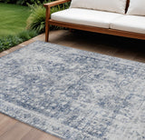 8' X 10' Navy Blue Oriental Washable Indoor Outdoor Area Rug