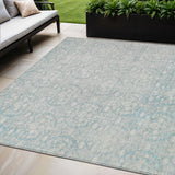 5' X 8' Aqua Damask Washable Indoor Outdoor Area Rug