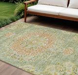8' X 10' Artichoke Green Floral Medallion Washable Indoor Outdoor Area Rug