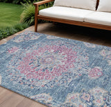 8' X 10' Blue Floral Medallion Washable Indoor Outdoor Area Rug