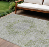 8' X 10' Olive Green Floral Medallion Washable Indoor Outdoor Area Rug