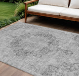 8' X 10' Silver Floral Medallion Washable Indoor Outdoor Area Rug