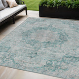 5' X 8' Teal Blue Floral Medallion Washable Indoor Outdoor Area Rug