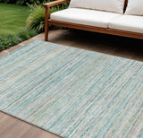 8' X 10' Teal Blue Striped Washable Indoor Outdoor Area Rug