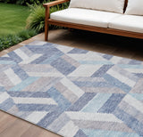 8' X 10' Denim Blue Geometric Washable Indoor Outdoor Area Rug