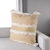 22" Tan And White Geometric Linen Throw Pillow Cover with Fringe