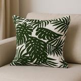 20" Green And White Tropical Botanical Linen Throw Pillow Cover with Embroidery
