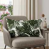 13" X 21" Green And White Tropical Botanical Linen Throw Pillow Cover with Embroidery