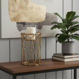 8" Antiqued Brass Distressed Geometric Metal And Glass Tabletop Hurricane Candle Holder