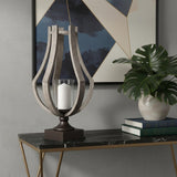 25" Brown Distressed Geometric Solid Wood Metal And Glass Tabletop Hurricane Candle Holder