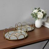 Set of Two Antiqued Gold Metal And Mirrored Glass Round Vanity Trays