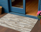 3' X 5' Ivory And Beige Striped Washable Indoor Outdoor Area Rug