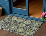 3' X 5' Fern Green And Blue Damask Washable Indoor Outdoor Area Rug