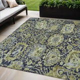 5' X 8' Fern Green And Blue Damask Washable Indoor Outdoor Area Rug