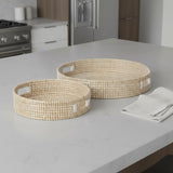 Set of Two Brown Round Wood Handmade Serving Tray With Handles