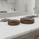 Set of Two Brown Round Wicker Handmade Serving Tray