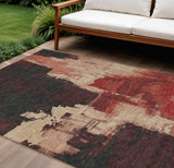 8' X 10' Brick Red And Red Abstract Washable Indoor Outdoor Area Rug
