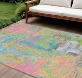 8' X 10' Pink Key Lime And Sky Blue Abstract Washable Indoor Outdoor Area Rug