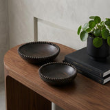 Set of Two Black Solid Wood Beaded Edge Round Centerpiece Bowls