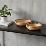 Set of Two Brown Solid Wood Beaded Edge Round Centerpiece Bowl